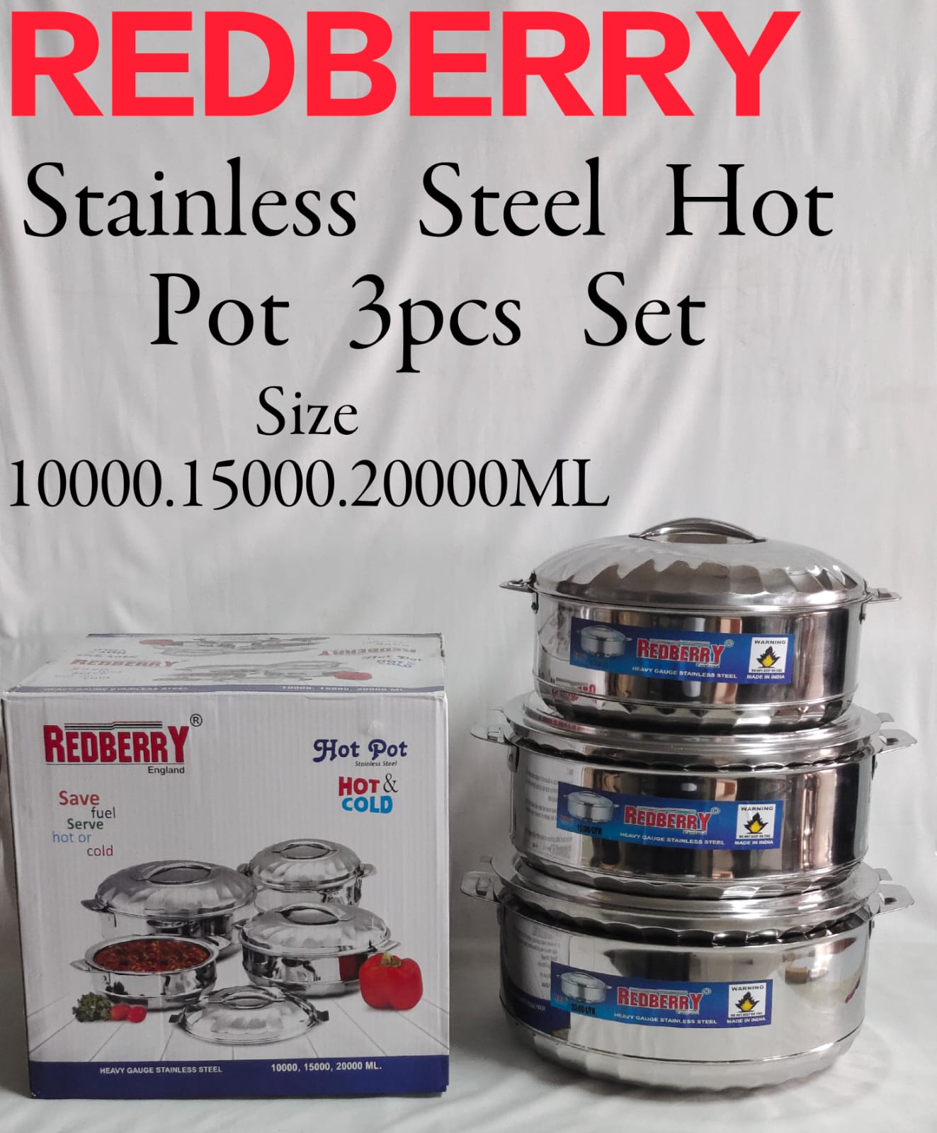REDBERRY Premium Range of STAINLESS STEEL Insulated Hotpot : MAXIMUS JUMBO 3pcs Set SIZE  - 10000 / 15000 /20000Ml(goods in kenya)