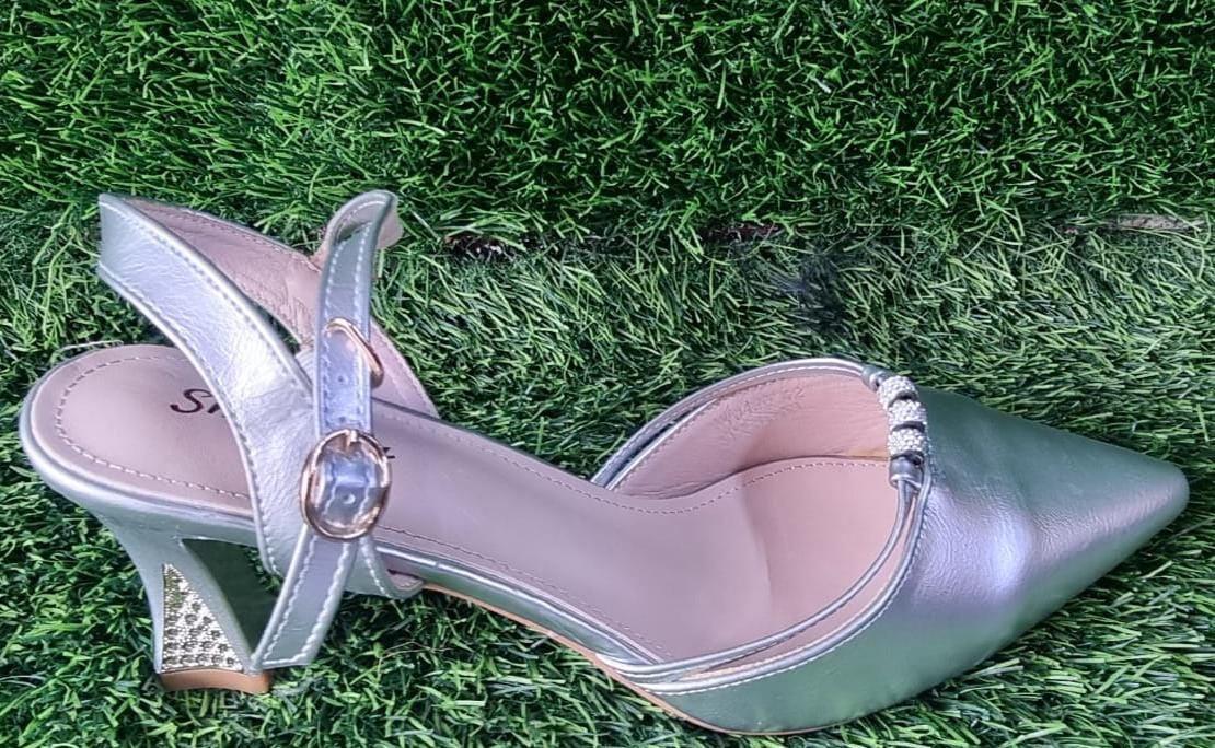 Silver Chrome Heeled Ankle Strap Shoes With Rhinestone Decor - UHQ Sizes( 37 to 42)(goods in kenya)