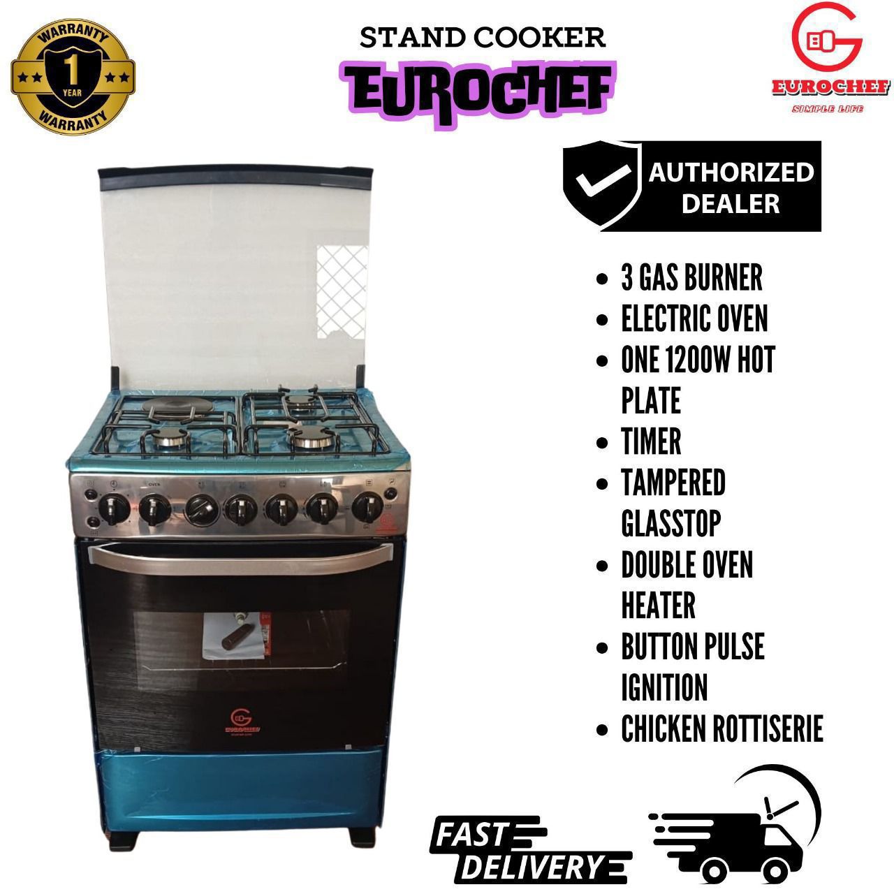 60*65 Eurochef Free Standing 3 Gas Burner +1 Electric Cooker With electric Oven