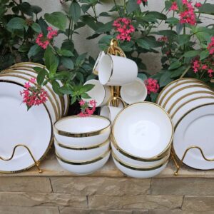 24 pcs gold white dinnerset ~6 plates ~6 side plates ~6 bowls ~6 cups